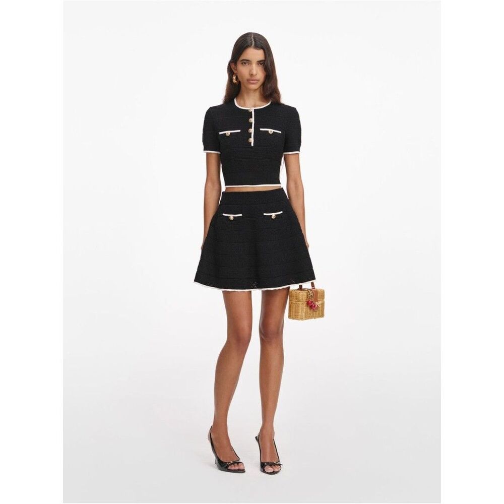 NWOT SELF-PORTRAIT BLACK POINTELLE Cropped KNIT TOP + Mini Skirt set